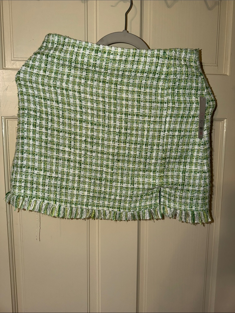 Francesca's Collections Green and White Tweed Fringe Mini Skirt